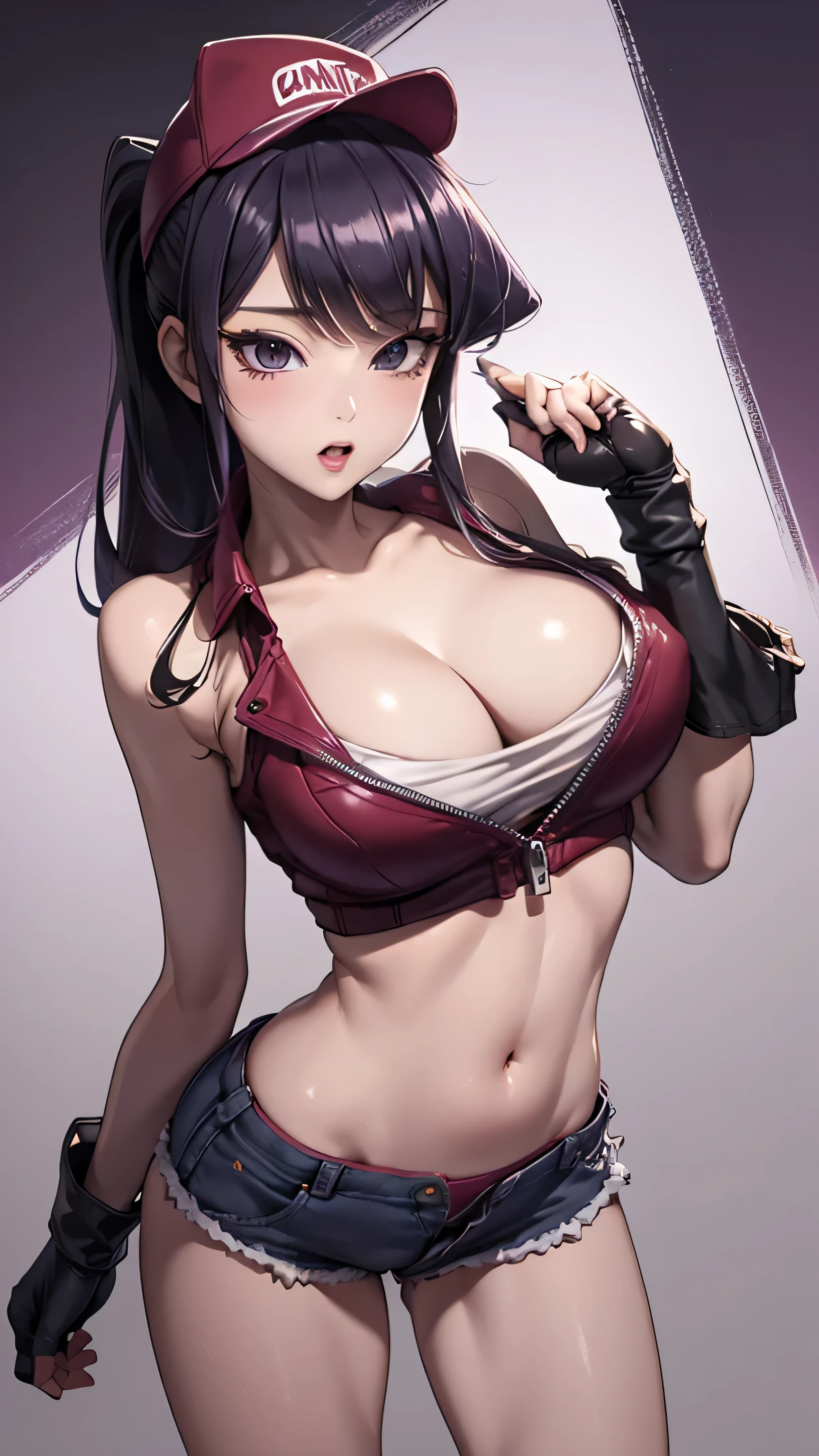 (Komi_shouko), (masterpiece), best quality, expressive eyes, perfect face, highres, (8k), (perfect face), (ultra details), 1 girl, solo, terry bogard girl, large breasts, purple hair, ponytail, purple eyes, long hair, baseball cap, fingerless gloves, denim shorts, shoes, blushing, frightened, anguished, open-mouthed, room background, no posing, standing, portrait, looking herself