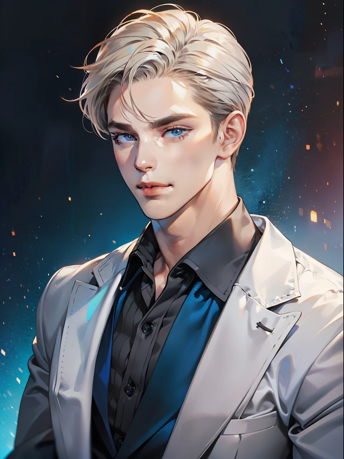 masterpiece, best quality, realistic, 1man, mature male, quiet and charming young man, 41 year old, serious look, closed mouth, portrait, extremely detailed face, cold smile, ((dark grey blue eyes)), ((short-right-swept dark white hair)), [thick eyebrows], ((suit)), handsome, full body, western, Jewish, light brown skin,
