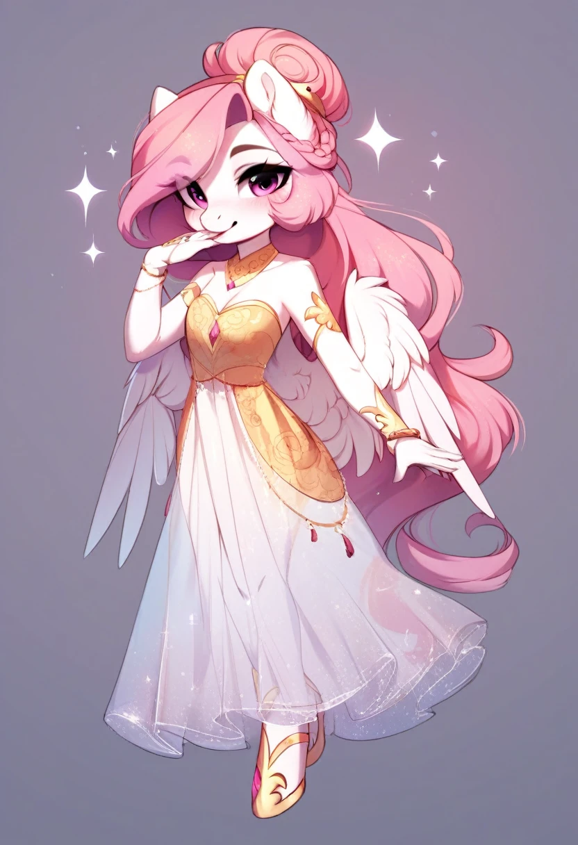 check_9, check_8_up, check_7_up, source_fluffy, rating_safe, from Magnaluna, Celestia poses seductively in a white bedroom, hair bun with bangs, pink eyes, white body, anthro, blushing, wearing golden see through dress, full body