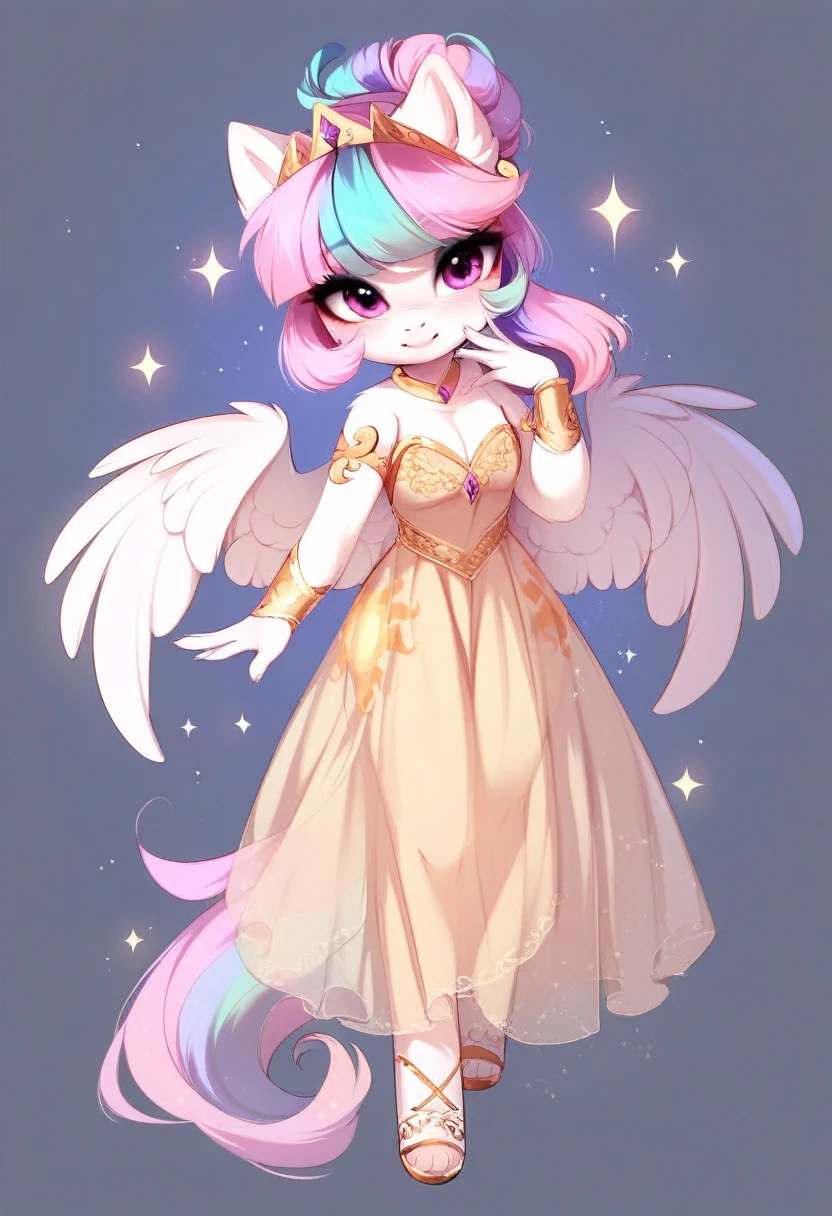 check_9, check_8_up, check_7_up, source_fluffy, rating_safe, from Magnaluna, Celestia poses seductively in a white bedroom, hair bun with bangs, pink eyes, white body, anthro, blushing, wearing golden see through dress, full body