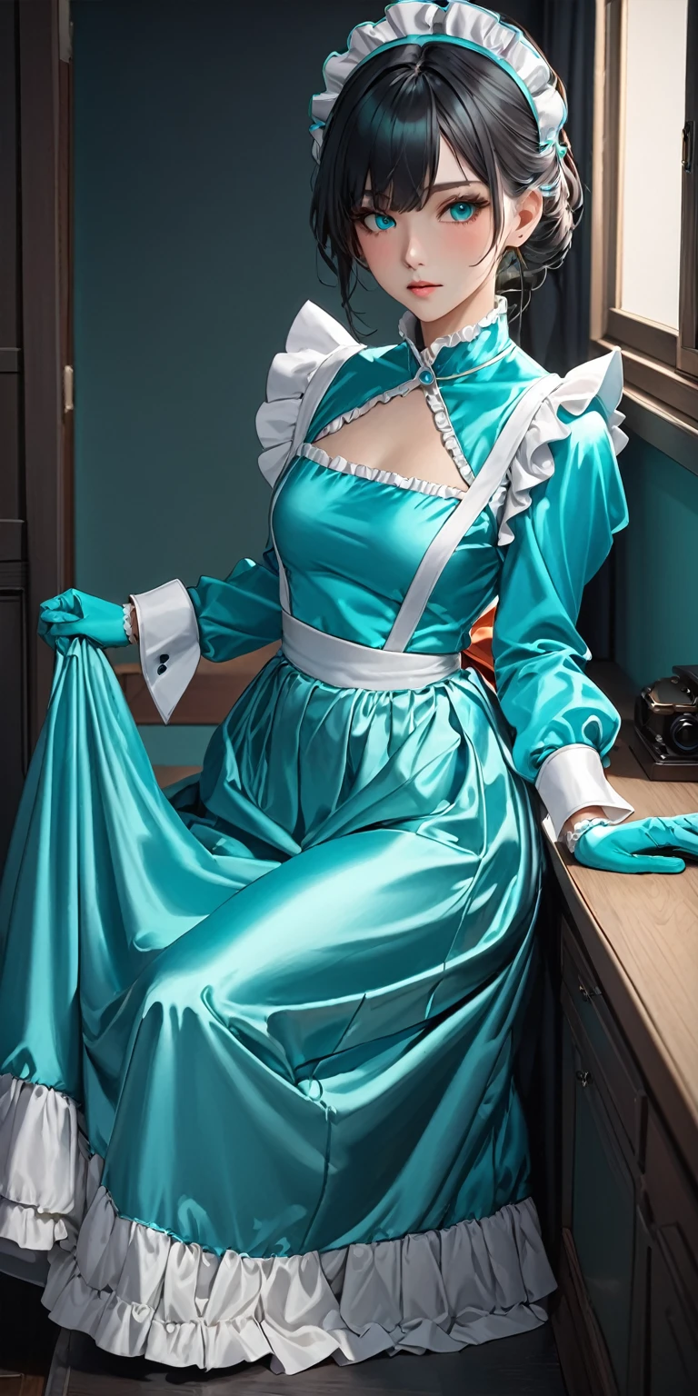 Portraiture、(masterpiece,Highest quality,Ultra-high resolution),Japanese women, (((Very beautiful 25 year old girl))),(Turquoise satin maid outfit)、(Turquoise satin long skirt)、(A long-sleeved turquoise satin shirt that covers the upper body)、Turquoise gloves、Turquoise socks、Turquoise bodysuit、Frills、The clothes fit snugly to the body、Dark Room、