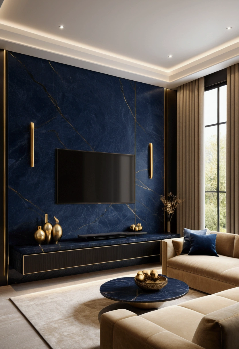 Professional 3D architecture rendering design of modern and minimal design for tv room with beige velvet sofa and dark blue velvet sofa and black slab stone  with dark gold lines for tv wall and modern windows and accessories and sunny light 
