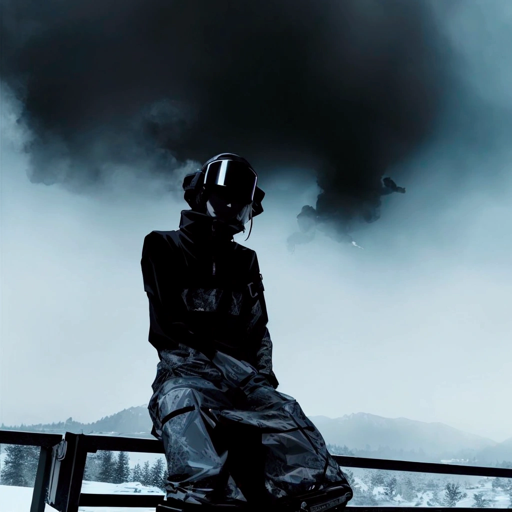 a skier sits on the railing with a snowboard in his hand and smoke billows in the background, in front of the smoke behind, in front of dark smoke, Travis Scott, darkwave gothic aesthetics, I look at the sky, photo of a woman in techwear style, The Virtual Self, HQ 4K Phone Wallpaper, in clouds of smoke