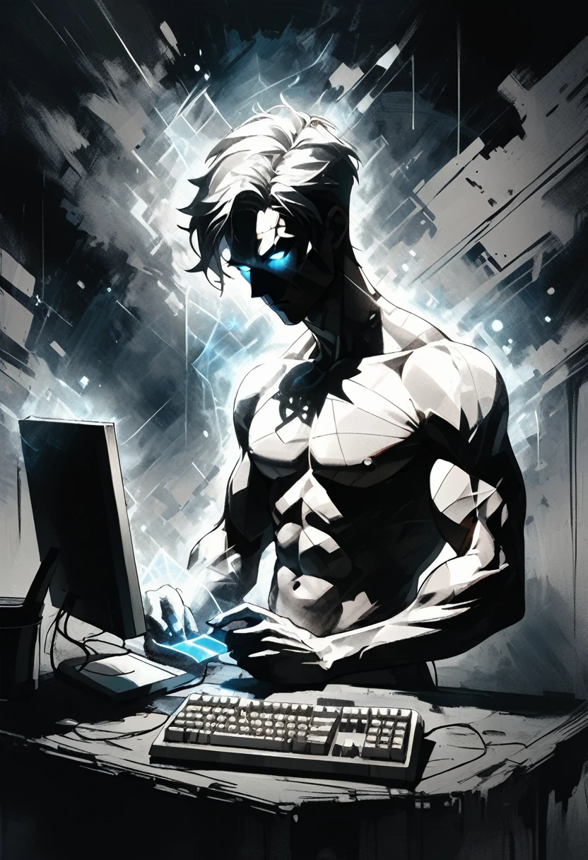 dark atmosphere, deep shadow, shadow, spirit, Young Man holds in his hands the computer, outer space, vishai, geometric composition, Male, Short gray hair, young white skin, Round glow blue eyes, square faces, anorexic small neck, Thin nude Lips, Bold brown Eyebrows, snub nose, big Shoulders, Muscles, muscular arms legs and breast, graphic style of novel comics,dark novel style, comic, 2d, 8k, hyperrealism, masterpiece, high resolution, best quality, ultra-detailed, super realistic, Hyperrealistic art, high-quality, ultra high res, highest detailed, lot of details, Extremely high-resolution details, incredibly lifelike, colourful, soft cinematic light,