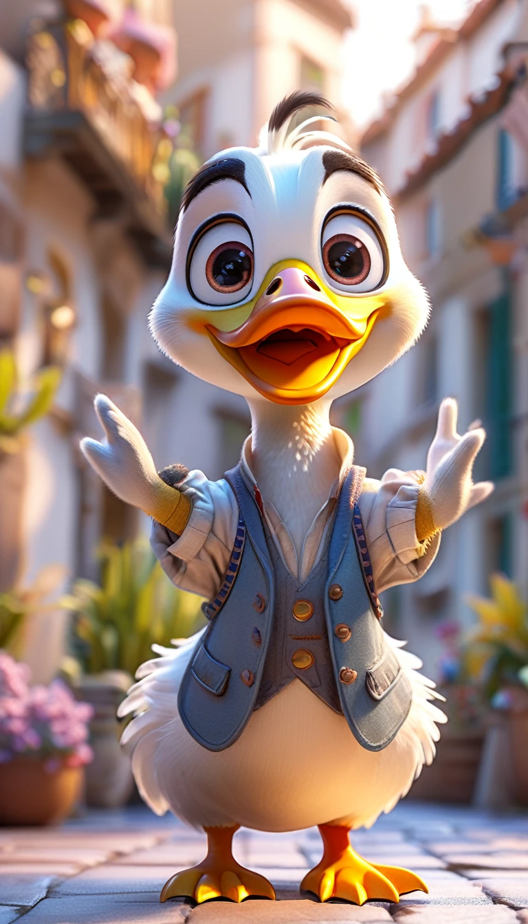 cute male duck, cartoon , arms, hands ,cute eyes, looking at viewer, arms up, french clothes, flawless, white background, close