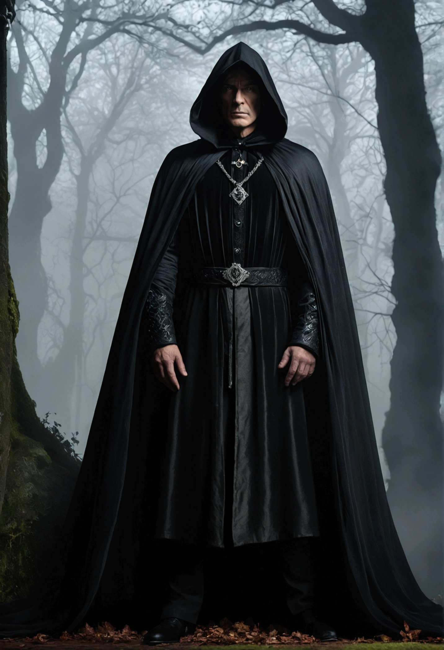 The eerie king of shadows, draped in a black cloak, standing before a mist-enshrouded castle, surrounded by a dark forest; the king's eyes reflecting cruelty and immense ambition, 8K, hd, highly detailed, realistic, photography, photo realism --ar 9:16 --v 6.0 --s 750
