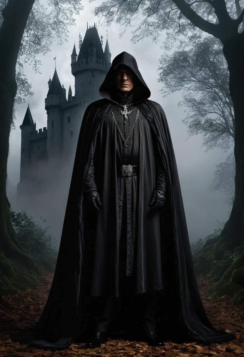 The eerie king of shadows, draped in a black cloak, standing before a mist-enshrouded castle, surrounded by a dark forest; the king's eyes reflecting cruelty and immense ambition, 8K, hd, highly detailed, realistic, photography, photo realism --ar 9:16 --v 6.0 --s 750