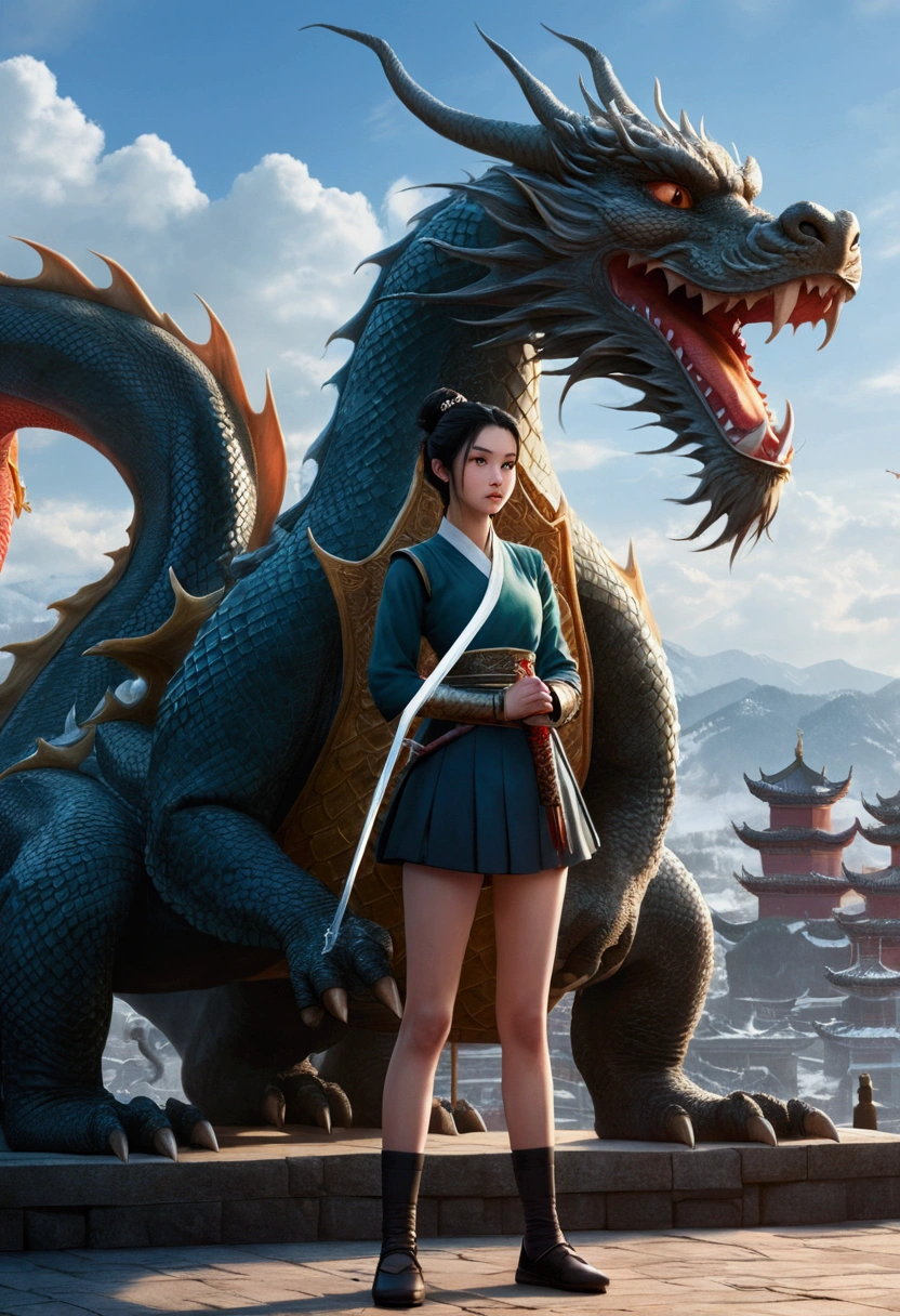 (masterpiece:1.2),1 girl,black hair bun,cold face,ponytail,(front),best quality,letterboxed,illustration,(An eighteen-year-old girl stood in front of the dragon with a sword:1.3),Panoramic view,Whole body,Expose thigh,(Elegant clothes:1.1),(Look from below:1.3),ZHENBANQIAO,BADASHANREN,.