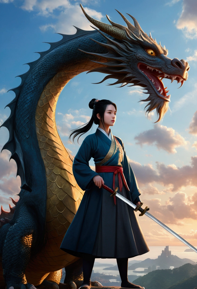 (masterpiece:1.2),1 girl,black hair bun,cold face,ponytail,(front),best quality,letterboxed,illustration,(An eighteen-year-old girl stood in front of the dragon with a sword:1.3),Panoramic view,Whole body,Expose thigh,(Elegant clothes:1.1),(Look from below:1.3),ZHENBANQIAO,BADASHANREN,.
