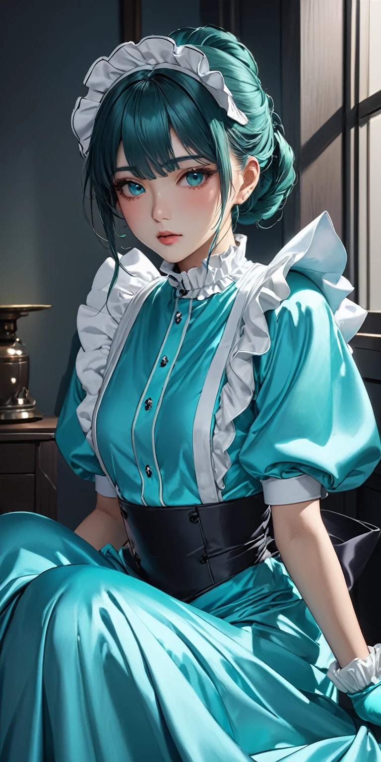 Portraiture、(masterpiece,Highest quality,Ultra-high resolution),Japanese women, (((Very beautiful 25 year old girl))),(Turquoise satin maid outfit)、(Turquoise satin long skirt)、(A long-sleeved turquoise satin shirt that covers the upper body)、Turquoise gloves、Turquoise socks、Turquoise bodysuit、Frills、The clothes fit snugly to the body、Dark Room、