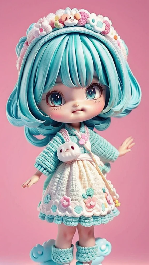 A chibi character in kawaii style Character Details cute  Japanese anime style Hair: Curto e featuring tom de ruivo, featuring um laço ou acessório fofo pequeno.
badass clothing: A light pink knitted outfit or something crocheted, featuringo um suéter fofinho.
Facial expression: Cheerful and friendly, featuring grandes olhos 
Posição das Mãos: A hand raised showing the knitting roller.
colors: soft tones and pastels, featuringo rosa claro, baby blue, or mint green, featuring 