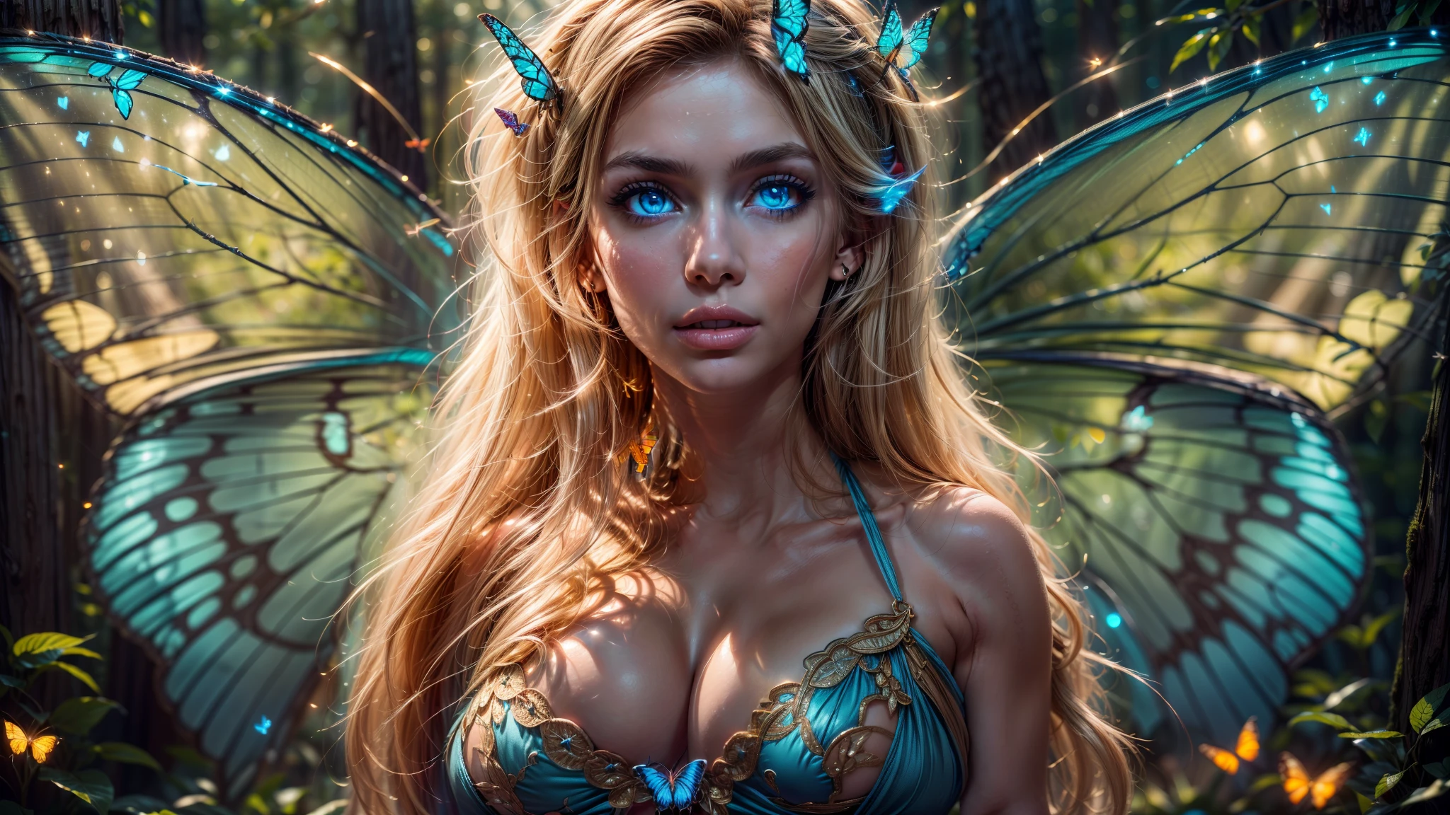 1 winged fairy woman, Scandinavian, Beautiful, Amazing face and eyes, makeup, (extremely detailed beautiful face), Blonde, (sexiest look), (Beautiful big breasts:1.3), (Best Quality:1.4), (Ultra-detailed), (extremely detailed CG unified 8k wallpaper), Highly detailed, RAW Photos, Professional Photography, (thin lace bikini:1.3), Standing, full body, (Spread your legs, proportional legs, detailed legs), (detailed hands, detailed finger, four finger on each hand, one thumb on each hand:1.4), plein air, Illumination, (Super fancy photos:1.4), (Dazzling light), Glowing Photography, depth of fields, (((glowing blue eyes))), realistic elf ear, (((butterfly wings on her back))), (redwood forest, tree hut, fireflies, nighttime), ((glittering sparkles)), (golden fairy dust),