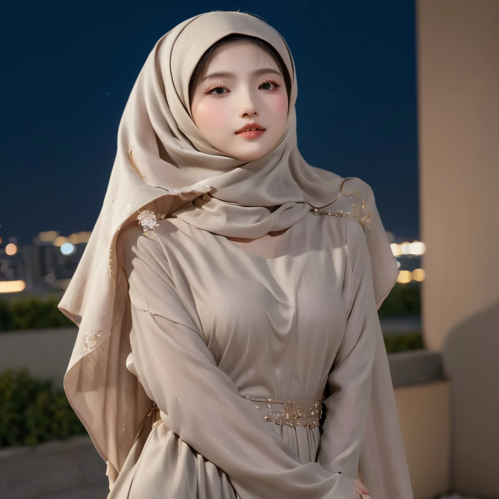 (a beautiful Japanese girl wearing a long hijab standing outdoors at night, highly detailed, realistic, 16k, masterpiece, high resolution, fit body, perfect eyes, pale skin, fair skin, perfect skin, outdoor, night time, night sky, low light, darkness, dark night, cold expression, cold pose, front view, wide-leg linen pants, ultra-delicate face, delicate eyes, double eyelids, half smile, beautiful and delicate photo)