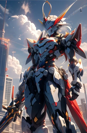 High definition, sky, clouds, spear weapon, Ablaze, state-of-the-art robot, building, Ablaze eyes, state-of-the-art mecha, Science fiction, citys, Real, blue main wick, chest core,like Poseidon,