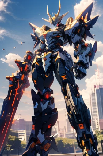 High definition, sky, clouds, spear weapon, Ablaze, state-of-the-art robot, building, Ablaze eyes, state-of-the-art mecha, Science fiction, citys, Real, blue main wick, chest core,like Poseidon,