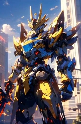 High definition, sky, clouds, spear weapon, Ablaze, state-of-the-art robot, building, Ablaze eyes, state-of-the-art mecha, Science fiction, citys, Real, blue main wick, chest core,like Poseidon,
