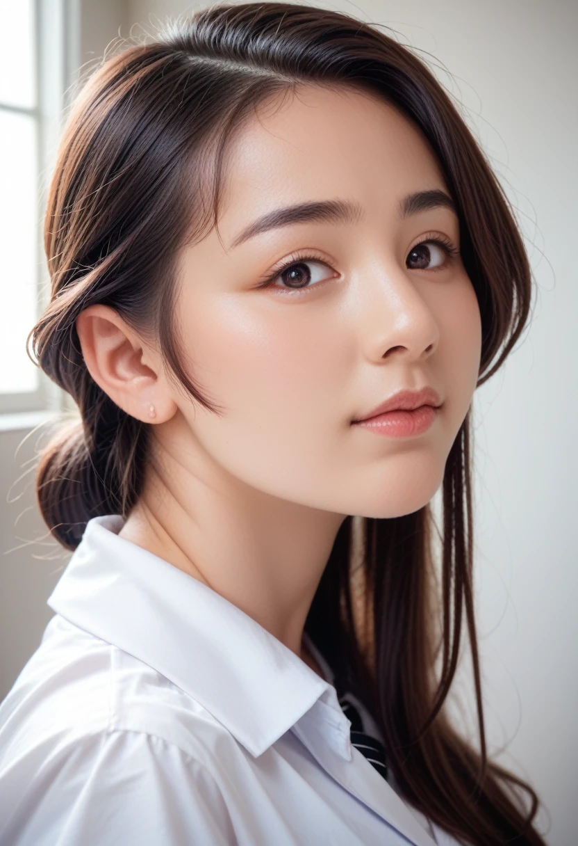 8k, raw photo, best quality, masterpiece, realistic, photo realistic, clear, professional lighting, beautiful face, best quality,ultra high res, realistic japanese beautiful, Super detailed, 1girl, side view