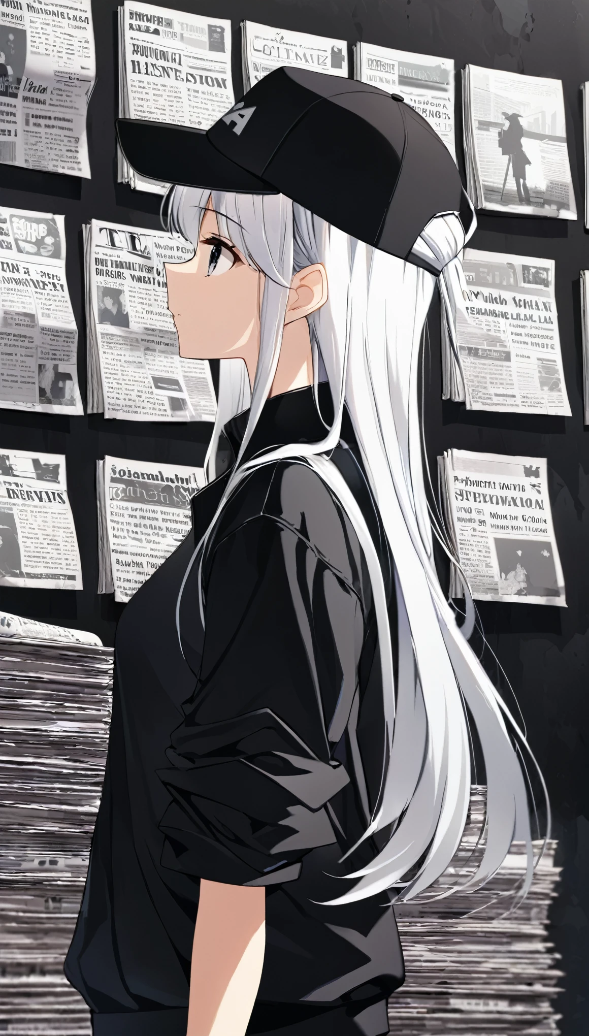 "A girl with long white hair, wearing a black baseball cap and black clothing with printed graphics, standing in profile. Background filled with scattered newspaper pages. Anime style, detailed and soft shading, melancholic atmosphere."
