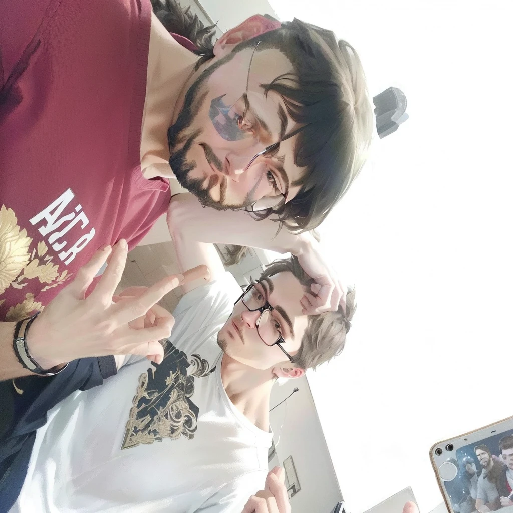 There are two men standing next to each other, one of them holding a cell phone, very low quality image, low quality photo, blurry image, very accurate photo, Greg Rutkowski e Edgar Maxence, pov photo, Selfie, with nerdy! cups! and goatee, vacation photo, Selfie tirada diretamente no ângulo, coworkers, fool and pixel jeff