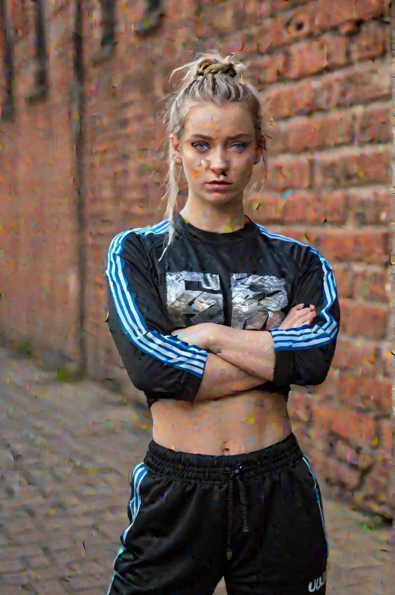 young woman, ultratextured skin, blue eyes, rough expression, broken nose, straight gesture, two braided shiny hair, black crop top, tracksuit trousers, slavic ethnicity, blond hair, portrait, ultra high resolution, red bricks graffiti background, outdoor, evening light, facing camera, cheeky emotion, sport wear, hands crossed behind back in handcuffs, bright makeup, young adult, minimalistic style.