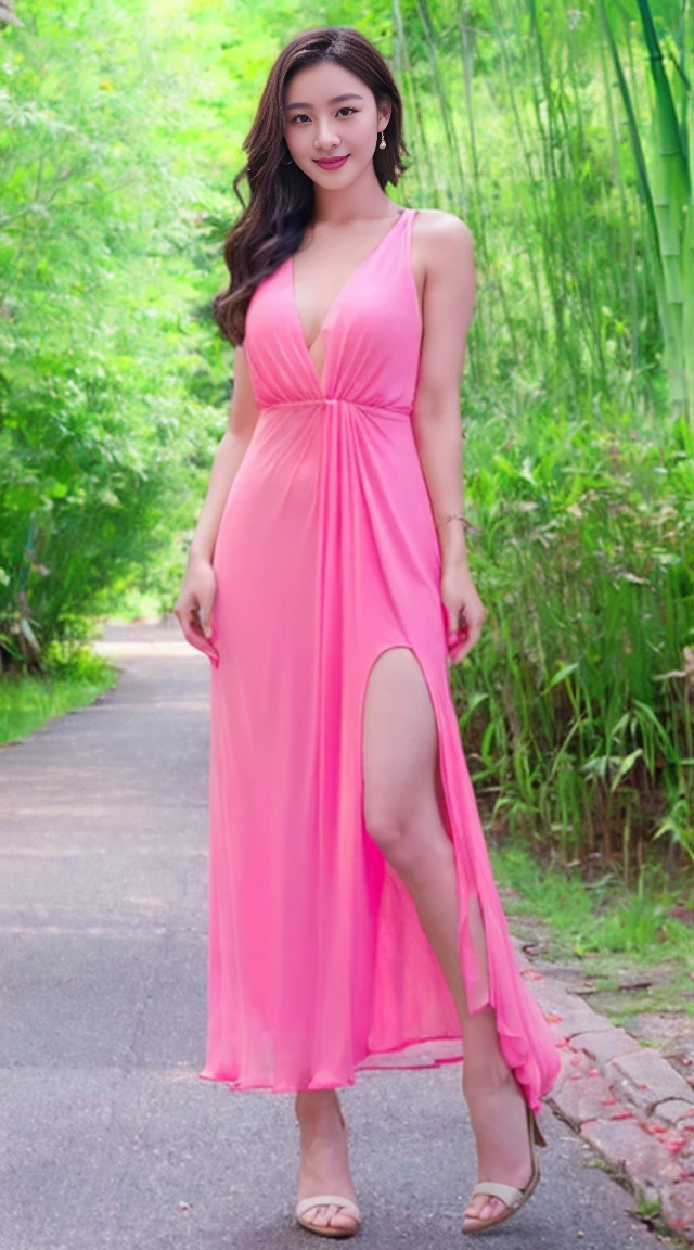 (best quality,4k,8k,highres,masterpiece:1.3),ultra-detailed,(realistic,photorealistic,photo-realistic:1.37),3 beautiful young women in a lush bamboo forest,long flowing chiffon transparent dresses,elegant high heels,sensual lesbian lovers,soft natural lighting,vivid colors,serene atmosphere