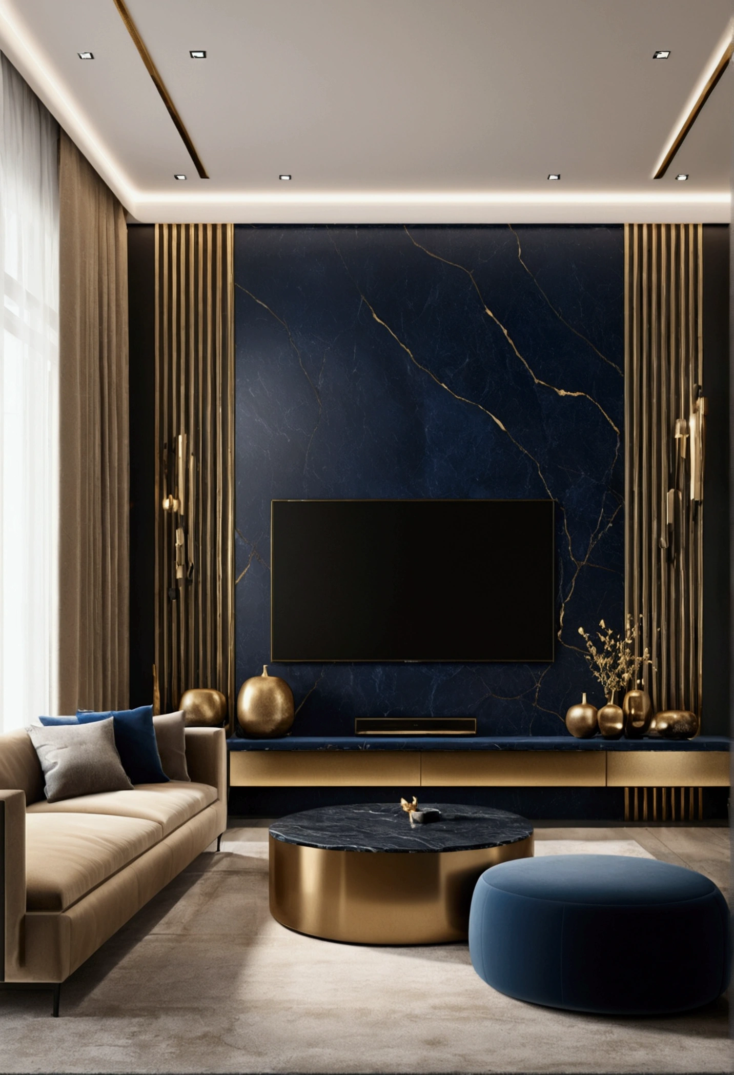 Professional 3D architecture rendering design of modern and minimal design for tv room with beige velvet sofa and dark blue velvet sofa and black slab stone  with dark gold lines for tv wall and modern windows and accessories and sunny light 