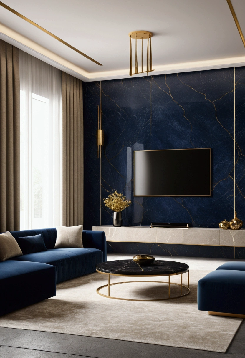 Professional 3D architecture rendering design of modern and minimal design for tv room with beige velvet sofa and dark blue velvet sofa and black slab stone with dark gold lines for tv wall and modern windows and accessories and sunny light