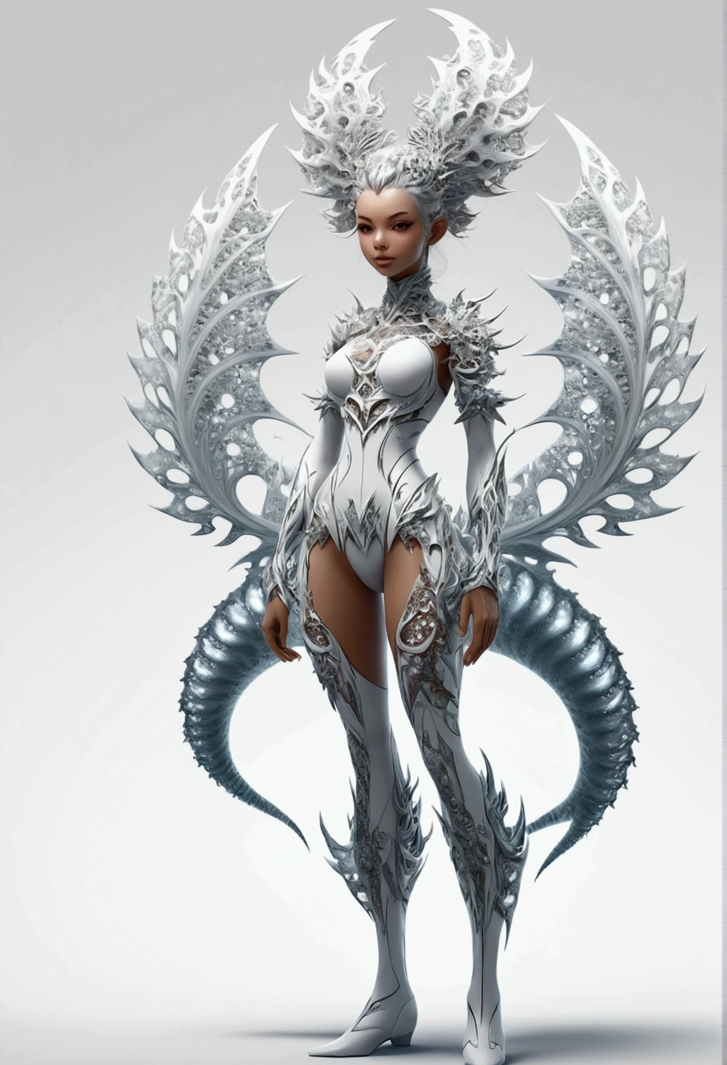 ((character design sheet)), ((full body view)),(fractal art:1.3),monster girl, solid color backdrop,(white clean backdrop:1.2),Show the whole picture