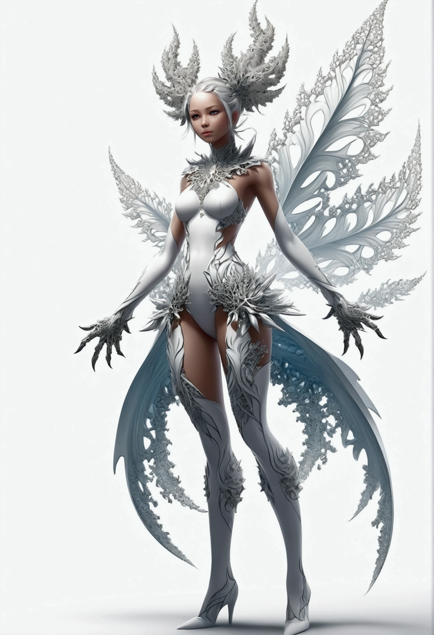 ((character design sheet)), ((full body view)),(fractal art:1.3),monster girl, solid color backdrop,(white clean backdrop:1.2),Show the whole picture