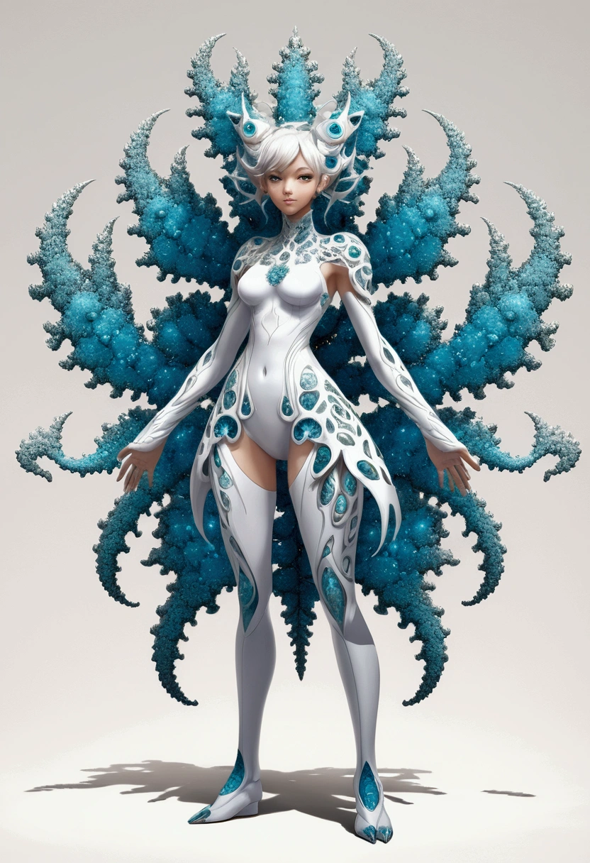 ((character design sheet)), ((full body view)),(fractal art:1.3),monster girl, solid color backdrop,(white clean backdrop:1.2),Show the whole picture