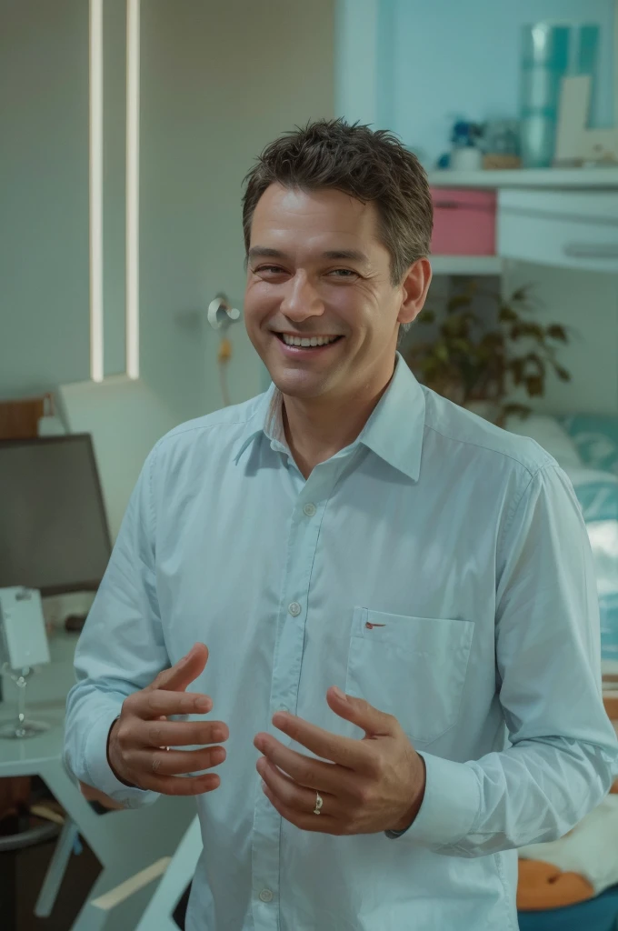 middle aged man smiling happily with eyes open with hands raised in pixar dyney style