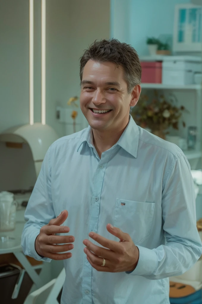 middle aged man smiling happily with eyes open with hands raised in pixar dyney style