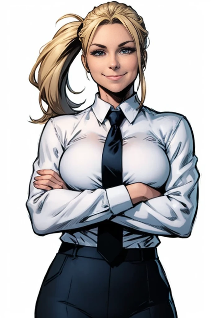 woman, style marvel comics, full view, I look at the viewer, smile, arms crossed over her chest, Hair in a ponytail, blonde hair, white shirt with long sleeves, dark blue tie, gray pants. White background