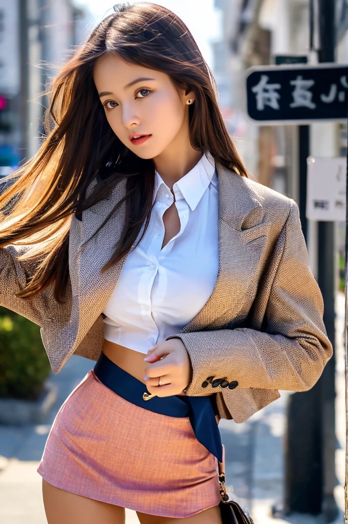 a 16 year old girl, she is the most beautiful actress in the world, the perfect body proportions of this girl, indirect bulge of her unexposed large breasts, the blazer is appropriately buttoned up on the formal shirt above the short skirt that's hardly covering the panties between her bare legs, the panties below the short skirt is seen just 1 cm, it's only one description of one body, it from right above her head to right below her shins are within the space, the front of her body, looking forward to viewer, she is standing, at the city street, nsfw, best quality, highly detailed, masterpiece, ultra high res, photo realistic, 8k, RAW photo