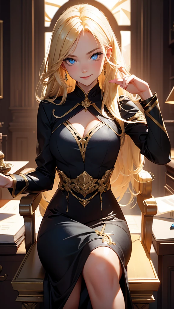 1 girl, blonde with blue eyes, in a black and gold expensive dress, sitting in an expensive chair in his office, leans on the armrest, crazy smile. medieval fantasy