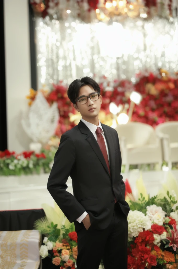 there is a man in a suit and tie standing in front of a flower display, groom, handsome man, in suit with black glasses, wearing a suit and glasses, wedding,