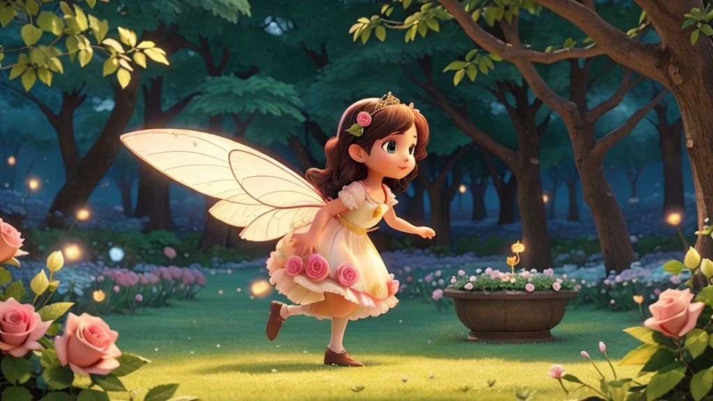 Create a fairy walking on a glowing path of roses