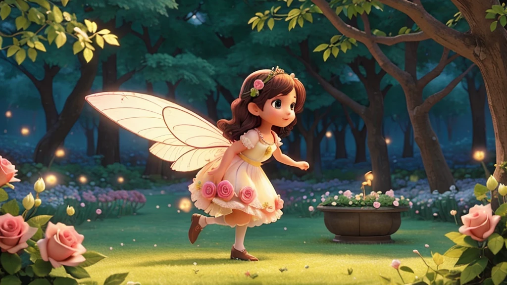 Create a fairy walking on a glowing path of roses
