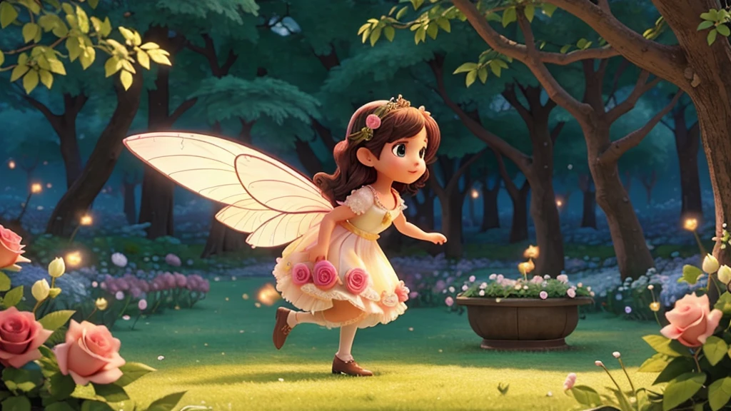 Create a fairy walking on a glowing path of roses