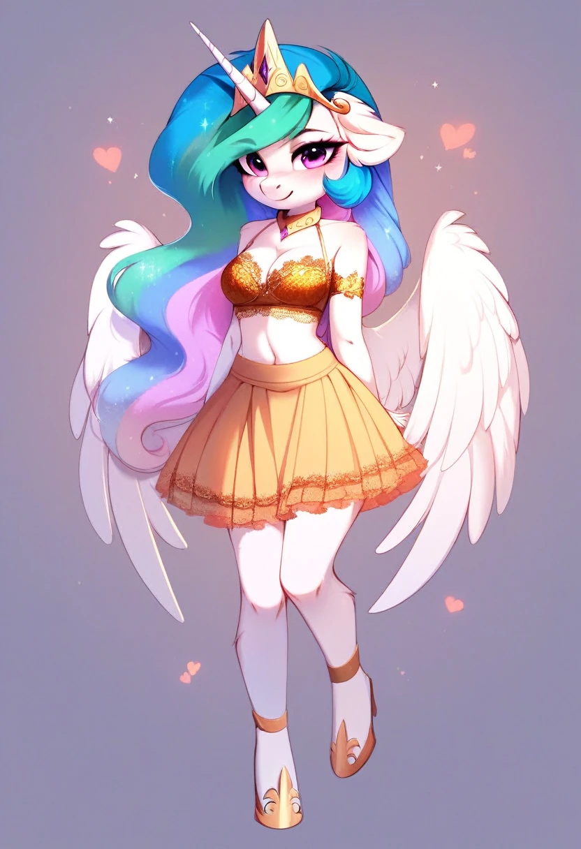 check_9, check_8_up, check_7_up, source_fluffy, rating_safe, from Magnaluna, Celestia poses seductively in a white bedroom, pink eyes, white body, anthro, blushing, wearing golden lingerie skirt, full body