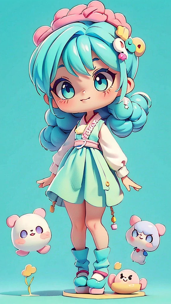 A chibi character in kawaii style Character Details cute  Japanese anime style Hair: Curto e featuring tom de ruivo, featuring um laço ou acessório fofo pequeno.
badass clothing: A light pink knitted outfit or something crocheted, featuringo um suéter fofinho.
Facial expression: Cheerful and friendly, featuring grandes olhos 
Posição das Mãos: A hand raised showing the knitting roller.
colors: soft tones and pastels, featuringo rosa claro, baby blue, or mint green, featuring 