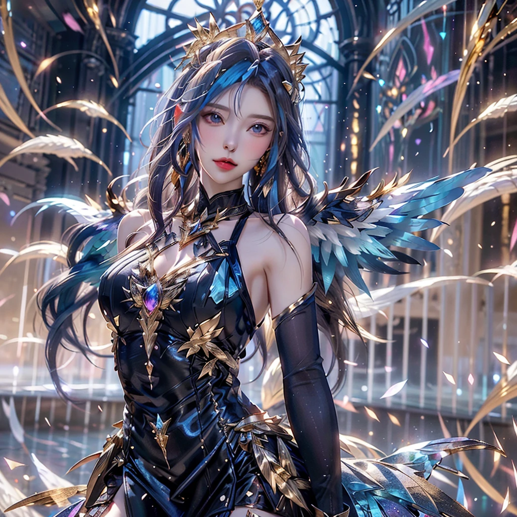 Woman in a dress with wings and a crown, Fantasy art style, Fine gold jewelry , Light and comfortable outfit , white year ,blue eyes , realistically , multi-colored wings , realistically , sharp