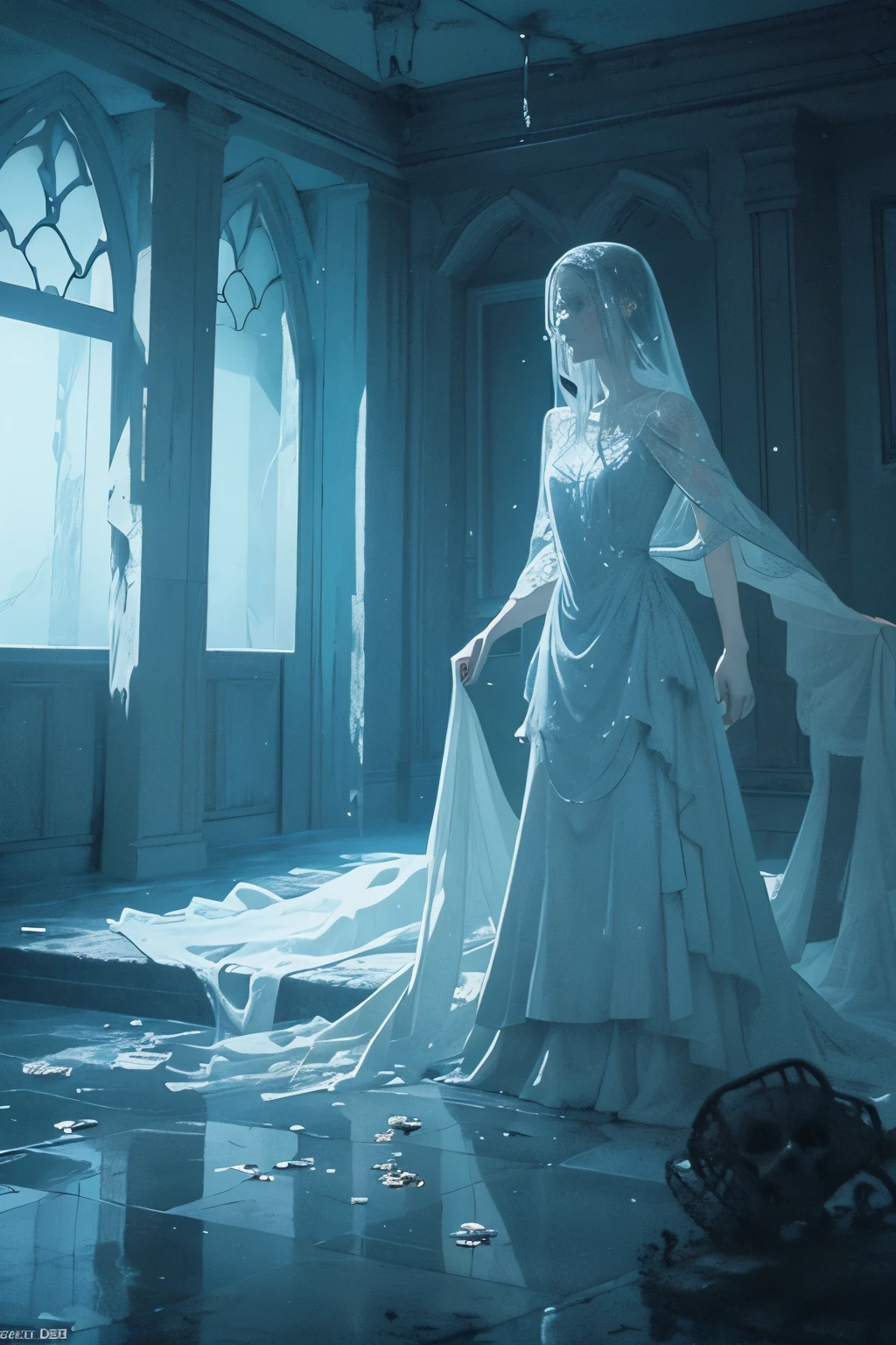 A haunting figure of a paralysis ghost, its translucent form shrouded in a chilling mist, floats in a dimly lit, eerie mansion. The ghost's skeletal features are highlighted by the soft glow of ethereal, blue lights, casting long, haunting shadows on the crumbling walls. The ghost's expression is one of despair and sadness, its eyes reflecting an icy chill. The intricate details of its decaying attire add to the overall macabre atmosphere, creating an unforgettable, realistic 3D scene. [Masterpiece, High Quality]