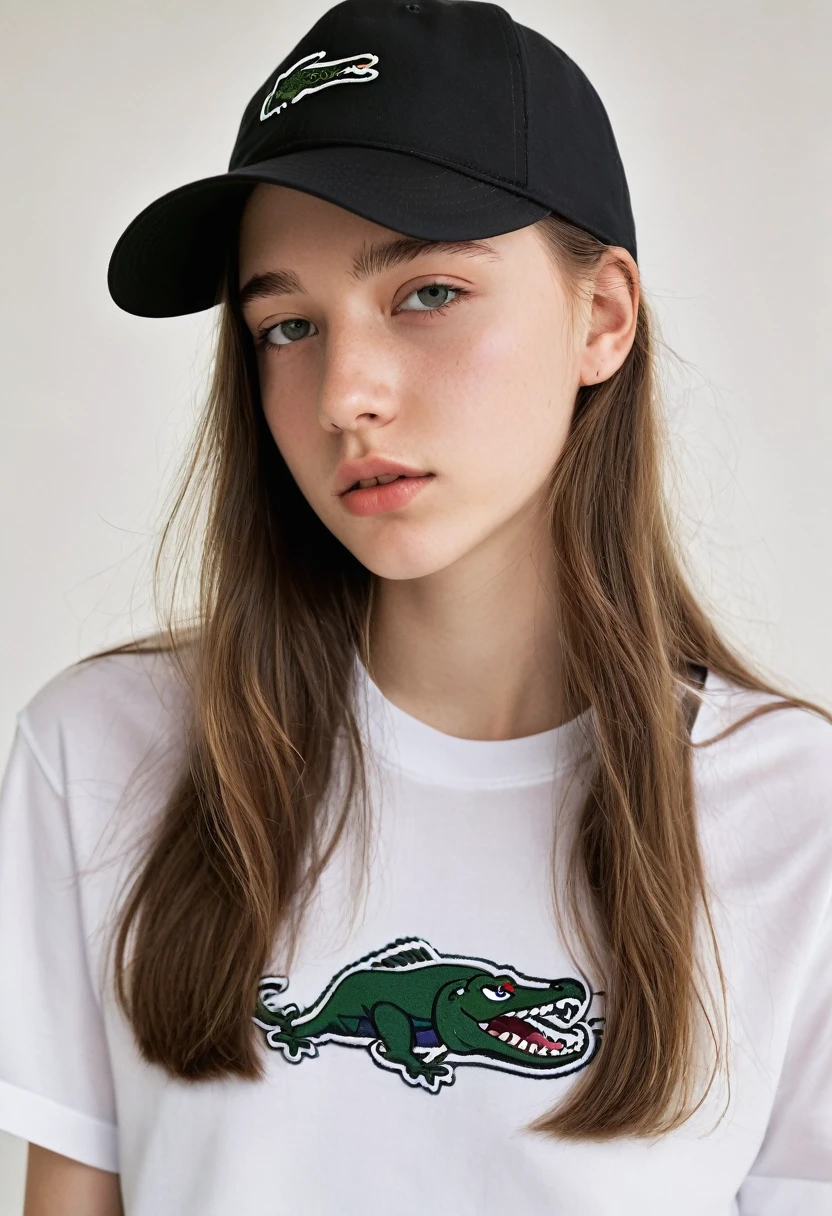 A 19-year-old teenager with long hair and a black Lacoste cap,a loose blouse and loose pants and a little line on the eyebrow,of lesbian sexuality and with pincergin in the corner of the mouth