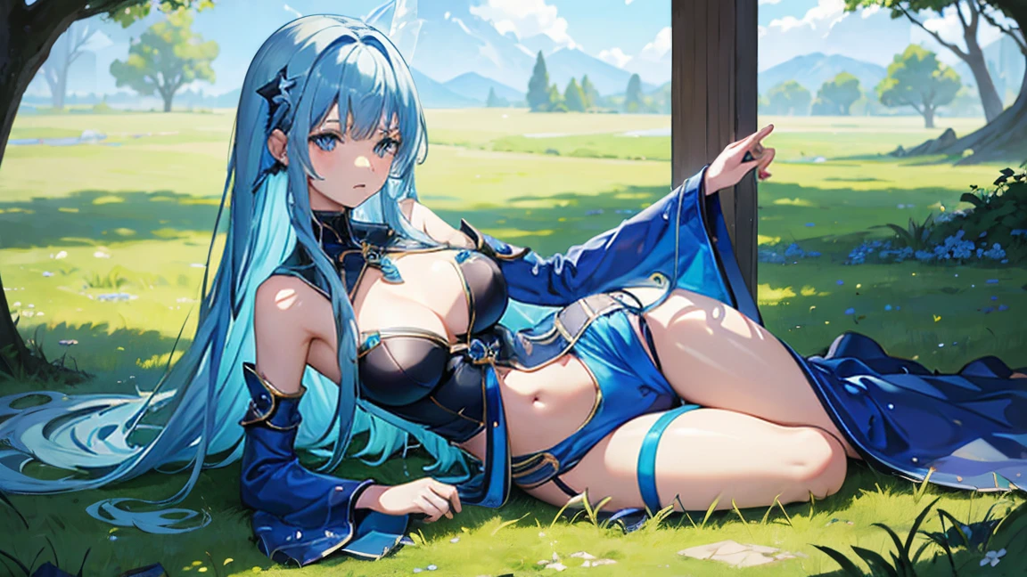 highest quality、unity 8k wallpaper、32k、masterpiece、Very detailed、Ultra-high resolution、Very detailedな顔、RAW Photos、Professional、Ultra-fine painting、Archer of the Sky, Sinon Solus、light blue short hair、Sky blue eyes、Blue magical girl costume、Deep indigo ribbon with a large sapphire brooch、half puff sleeves、(((Blue pleated skirt with white lines)))、Blue and white long gloves、Indigo thigh-high stiletto heel boots with gold molding