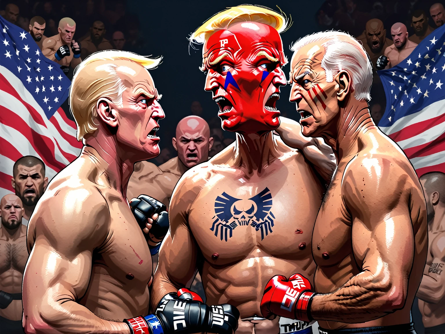 An image depicting Donald Trump and Joe Biden facing off like UFC fighters, designed as a UFC fight card poster. They are standing face to face in combat poses, with serious and intense expressions. Donald Trump is on the left, wearing a stylized suit with fight elements, while Joe Biden is on the right, dressed similarly. In the background, there is a blend of the Democratic and Republican party flags or the American flag, creating a scene of intense political rivalry. The flags should be stylized with strong, contrasting colors to highlight the confrontation. Close-up, realistic details, with an octagon UFC setting.

