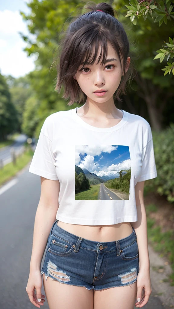 t-shirt, half body, (8ก, raw photos, best quality, Masterpiece:1.2), (realistic, photo-realistic:1.37), very high, depth of field, Chromatic aberration, caustic soda, wide light, natural shading,Fujifilm XT3,Masterpiece,very detailed,rin,uniform,1 girl, alone,stand, look at viewer, outdoor,road