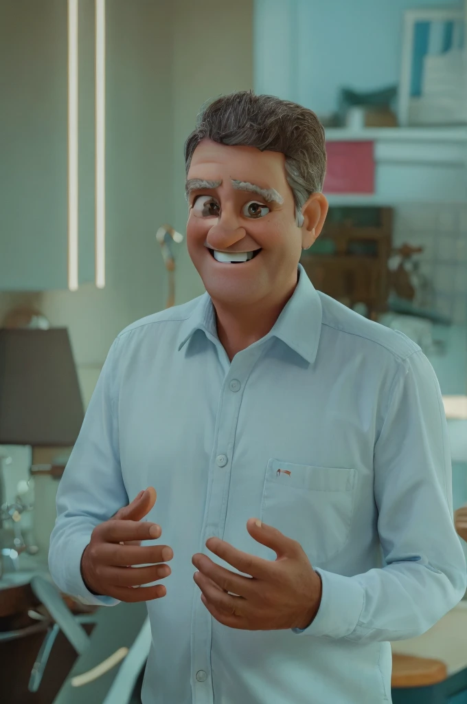middle aged man smiling happily with eyes open with hands raised in pixar dyney style