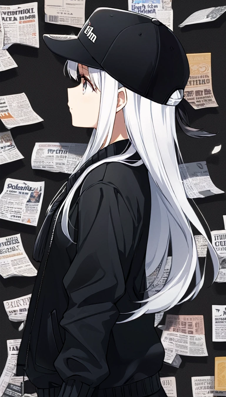 "A chibi girl with long white hair, wearing a black baseball cap and black clothing with printed graphics, standing in profile. Background filled with scattered newspaper pages. Anime style, detailed and soft shading, melancholic atmosphere."