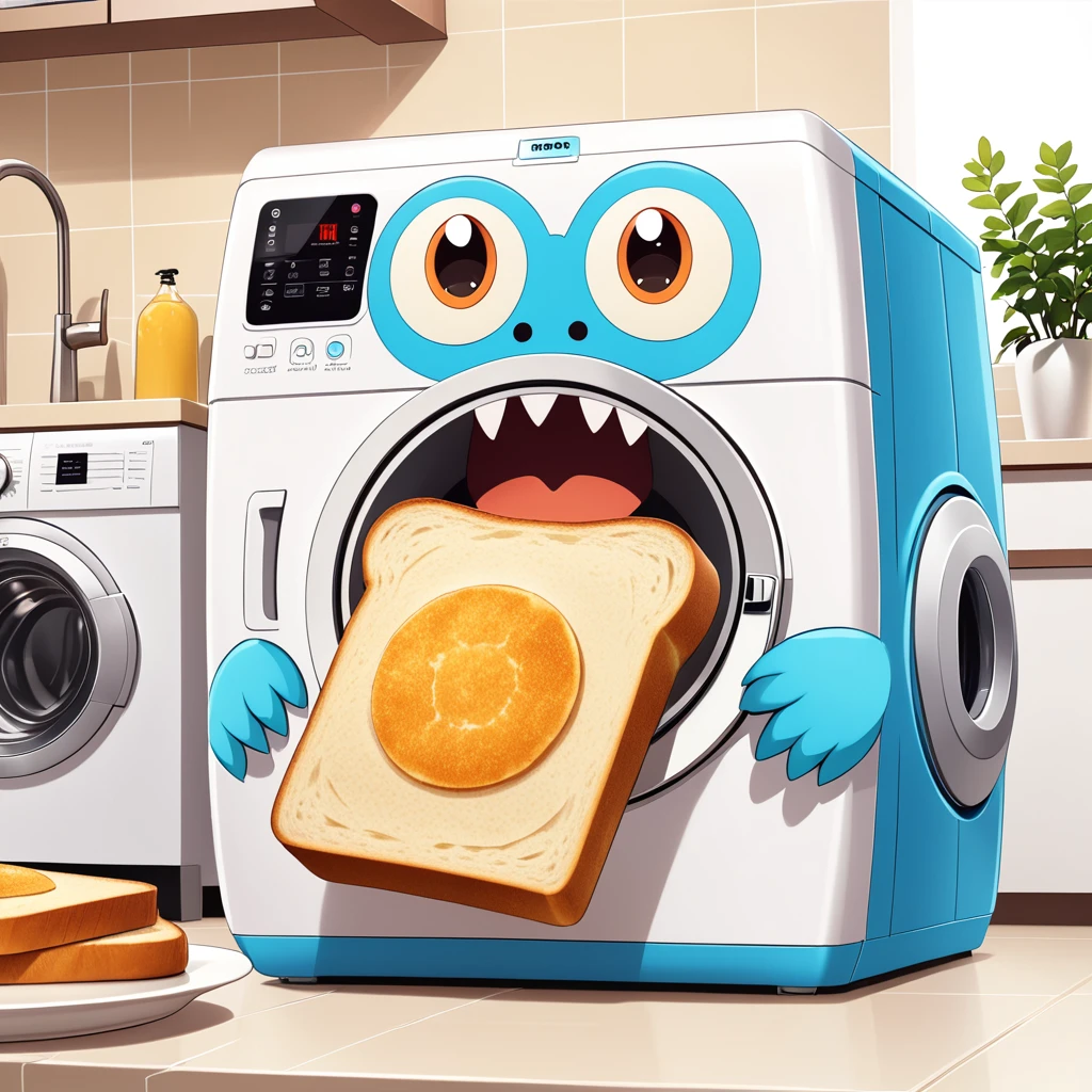 A cute washing machine monster with a smiling face and happy eyes, toast bread until it's perfect golden brown with a cheerful twist. The character is designed in the style of Pixar animation, featuring a bright and fun design, making breakfast delicious. --ar 1:1 -- in 6.0 --3D rendering